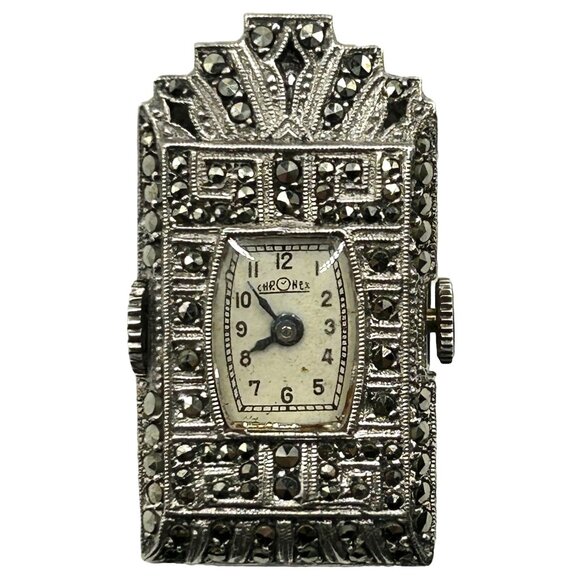 Antique Chronex Marcasite & 925 Sterling Silver Fur-Clip Watch - Windup Movement - Picture 1 of 6
